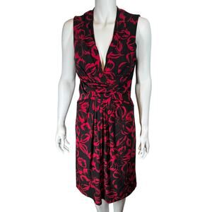 Norma Kamali Red Black Floral V Neck Twist Front Jersey‎ Knit Dress Medium